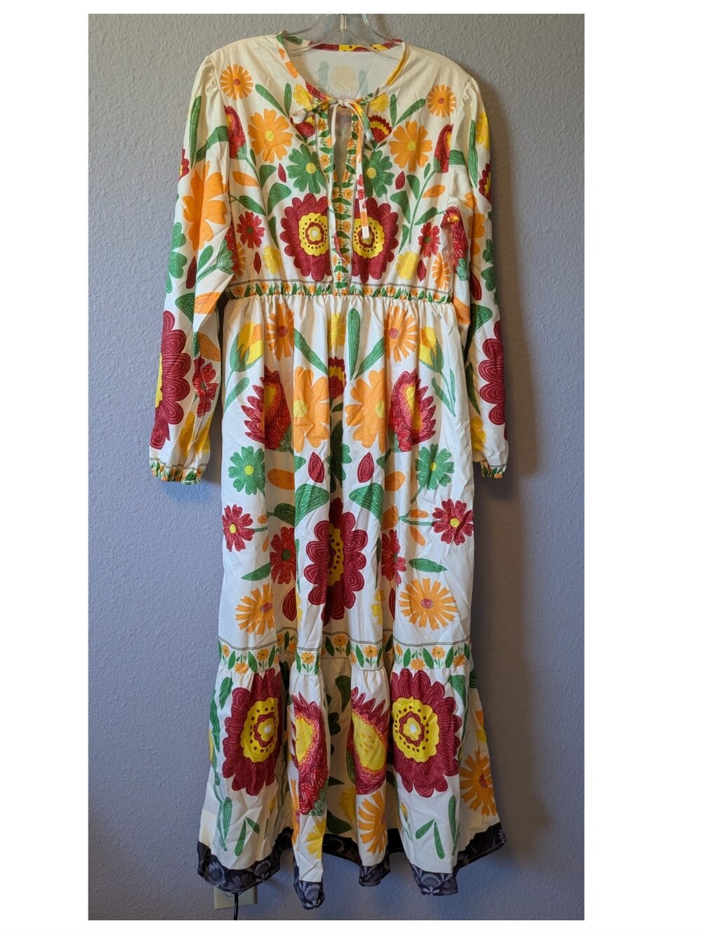 New Floral Tie-Neck Midi Dress in Cream with Red, Yellow & Green Print - Picture 3 of 8